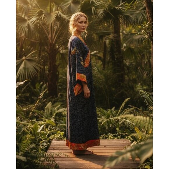 J Peterman Company Imperial Dragon Kimono Dress Faux Wrap Cotton Blue Print S/M - Picture 2 of 13